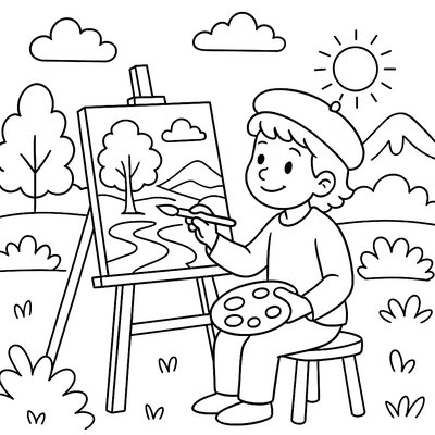 Artist Painting Landscape On Easel Outdoors