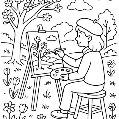 Artist Painting Spring Landscape Outdoors With Easel And Palette