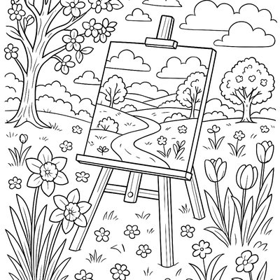 Artist's Easel Set Up In Meadow Painting Spring Landscape
