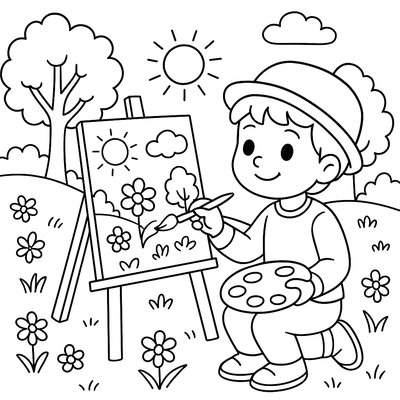 Child Painting Spring Landscape On Easel Outdoors