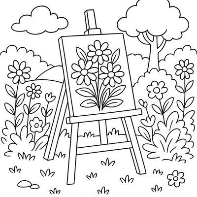 Easel Set Up In Garden For Plein Air Flower Painting