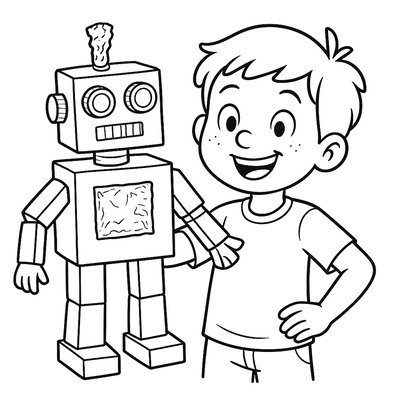 A Child Proudly Displaying A Robot Sculpture Made From Cardboard Boxes, Bottle Caps, And Tin Foil