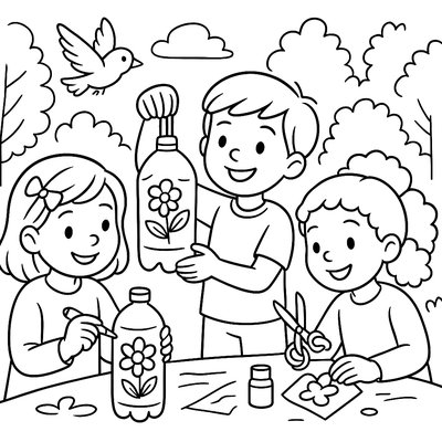 Children Making Bird Feeders From Plastic Bottles And Decorating Them
