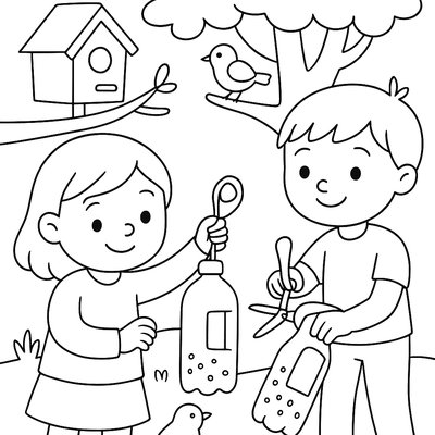 Children Making Bird Feeders From Recycled Plastic Bottles