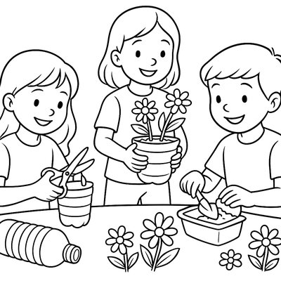Children Making Planters From Recycled Bottles For Earth Day
