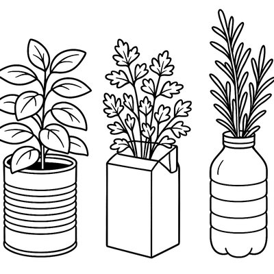 Flower Pots Made From Recycled Containers With Herbs Growing