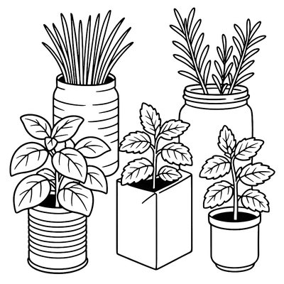 Planters Made From Recycled Containers With Herbs Growing