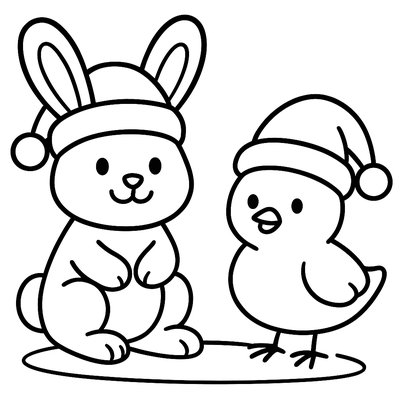 Easter Bunny And Spring Chick Wearing Santa Hats