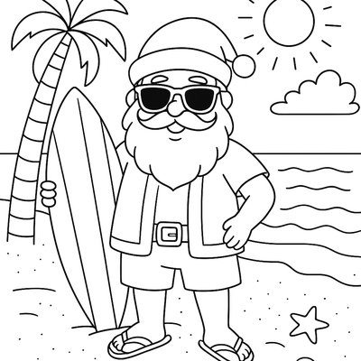 Santa At The Beach With Surfboard And Sunglasses