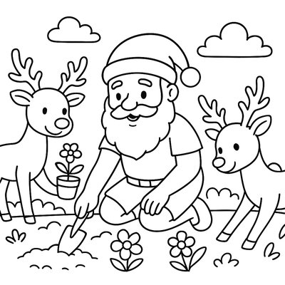 Santa Gardening In Summer Clothes With Reindeer Helping Plant Flowers