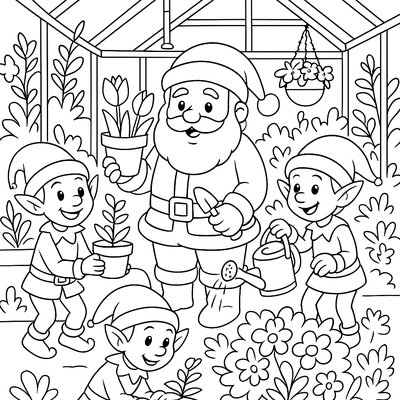 Santa Gardening With Elves In Spring Greenhouse