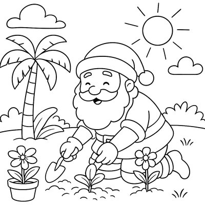 Santa On Vacation Planting Flowers Instead Of Toys