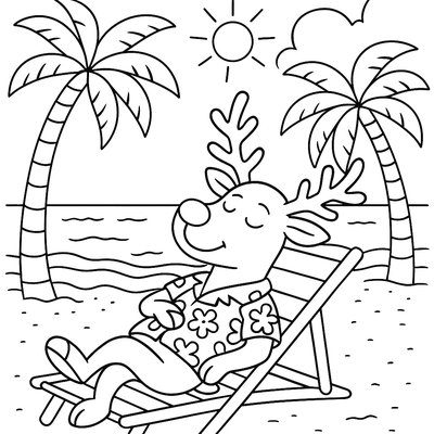 Santa's Reindeer Relaxing On A Tropical Beach With Palm Trees