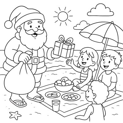 Summer Santa Delivering Presents To Kids At Beach Picnic