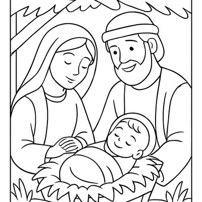 Mary And Joseph Looking Lovingly At Baby Jesus In A Stable