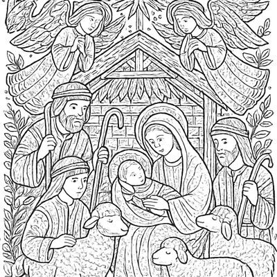 Shepherds And Sheep Gathered Around The Nativity Scene With Angels Above