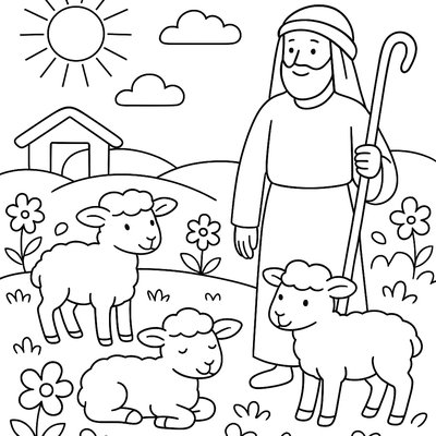 Stable Scene With Spring Lambs And Shepherd In Blooming Field