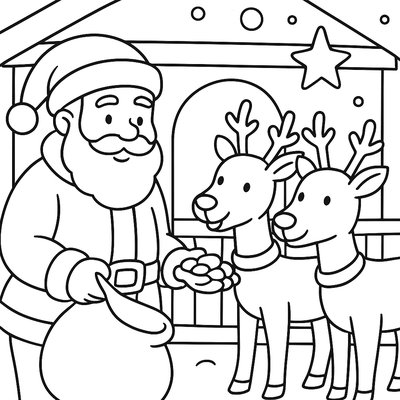 Santa Feeding Reindeer In North Pole Stable