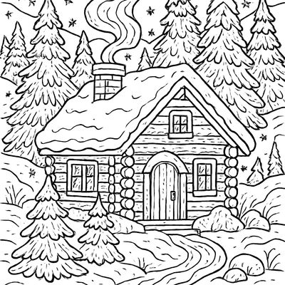 A Cozy Cabin In The Snowy Woods With Smoke From The Chimney