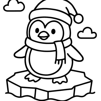 A Penguin Wearing A Santa Hat And Scarf On An Iceberg