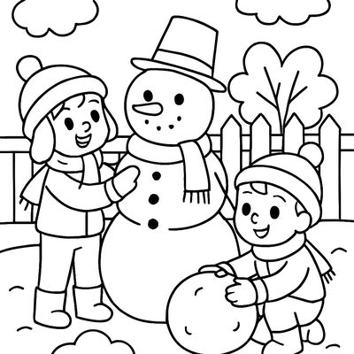 Children Building A Snowman Together In The Yard