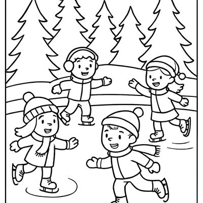 Children Ice Skating On A Frozen Pond Surrounded By Pine Trees