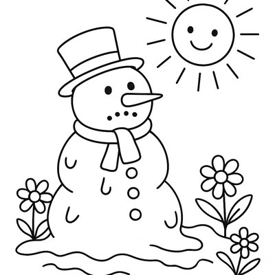 Snowman Melting In Spring Sun With Flowers Growing Around Base