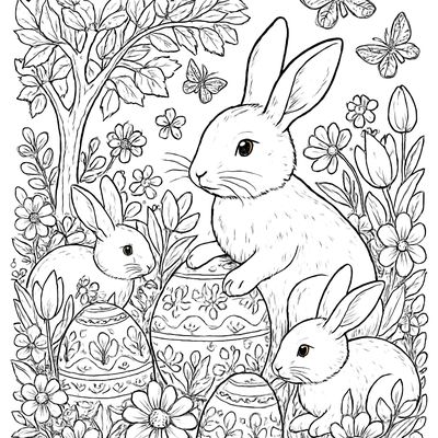 A Detailed Easter Bunny Garden Scene With Bunnies Hiding Eggs Among Flowers Butterflies And Trees