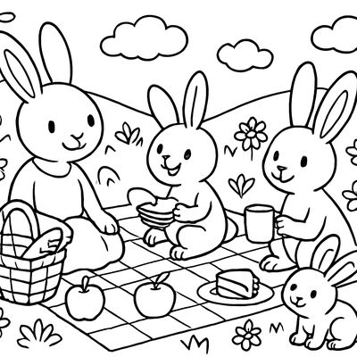 A Family Of Bunnies Having A Picnic In A Spring Meadow With Flowers