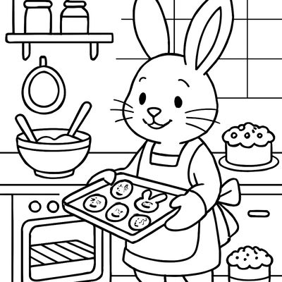 The Easter Bunny In An Apron Baking Cookies And Treats In A Kitchen