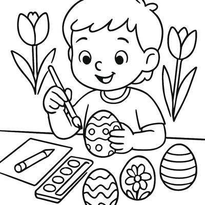 A Child Painting And Decorating Easter Eggs At A Table With Art Supplies