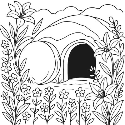 Empty Tomb Surrounded By Blooming Lilies And Spring Flowers