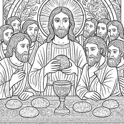 Jesus At The Last Supper Table With Disciples Sharing Bread And Cup