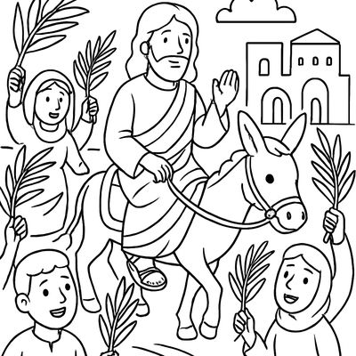 Jesus Riding A Donkey Into Jerusalem With People Waving Palm Branches
