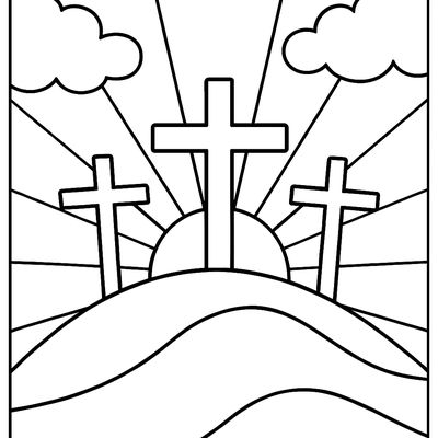 Three Crosses On A Hilltop At Sunrise With Clouds And Rays Of Light