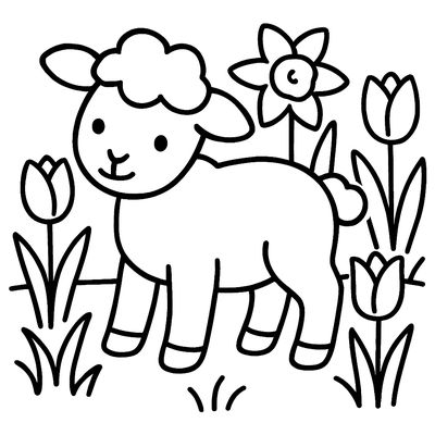 A Lamb Standing In A Field Of Spring Daffodils And Tulips