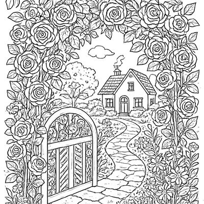 An Elaborate Spring Garden Gate Covered In Climbing Roses With A Path Leading To A Cottage