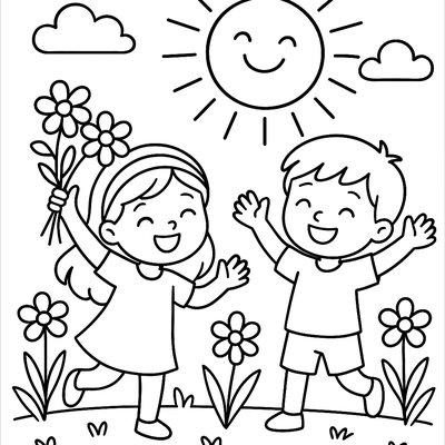 Children Celebrating First Day Of Spring With Flowers