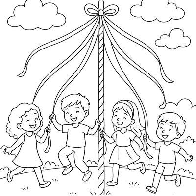 Children Dancing Around A Maypole With Colorful Ribbons