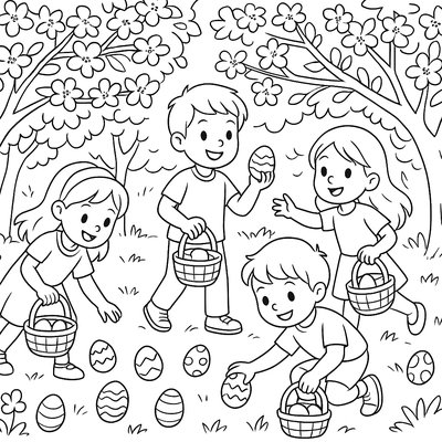 Children Having Easter Egg Hunt In Blooming Cherry Orchard