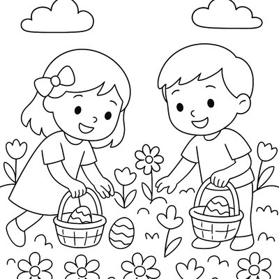Children Hunting For Easter Eggs In Flower Garden