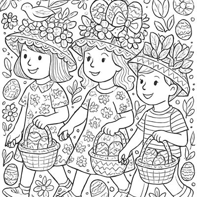 Children In An Easter Parade Wearing Decorated Bonnets And Carrying Baskets