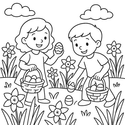 Children On Easter Egg Hunt In Blooming Daffodil Field