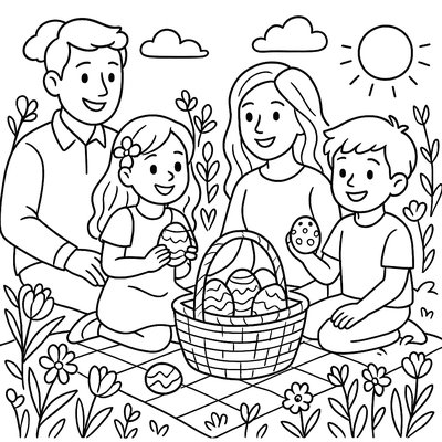 Family Easter Picnic With Basket And Spring Flowers