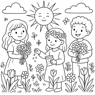 Spring Equinox Celebration With Children Holding Flowers And Seeds