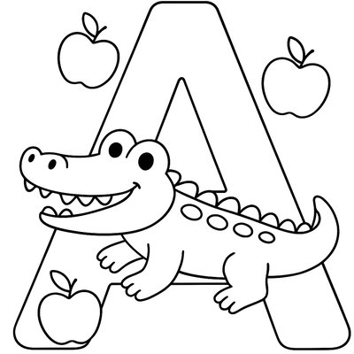 Letter A With Alligator And Apples Illustration
