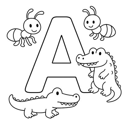 The Letter A Decorated With Spring Animals Like Ants And Alligators