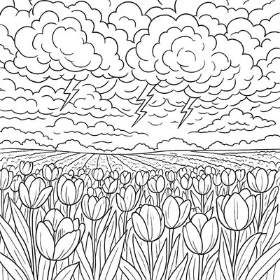 Spring Storm Clouds Forming Over Blooming Tulip Fields