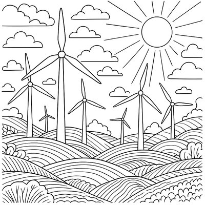 A Wind Farm On Rolling Hills With Clean Energy Theme