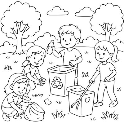 Children Cleaning Up A Park With Recycling Bins